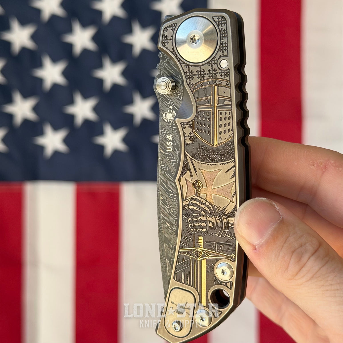 Spartan Blades Harsey Folder SHF - Templar Edition, Chad Nichols Damascus, Titanium - Made in USA (SF5TEMPDM)