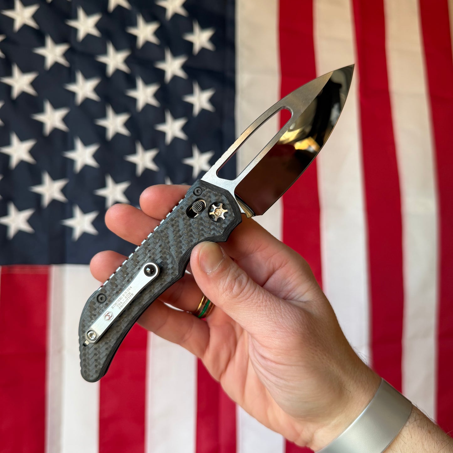 Heretic Knives Koschei Prototype Knife – Carbon Fiber Chassis, Hand Ground High Polish M390 Blade – Serialized – Made in USA (S/N 024)