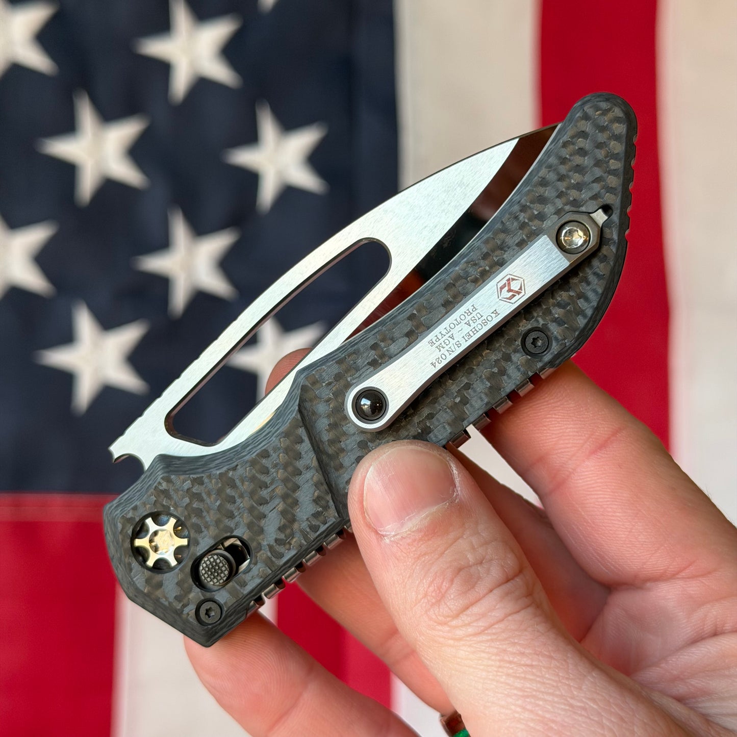 Heretic Knives Koschei Prototype Knife – Carbon Fiber Chassis, Hand Ground High Polish M390 Blade – Serialized – Made in USA (S/N 024)