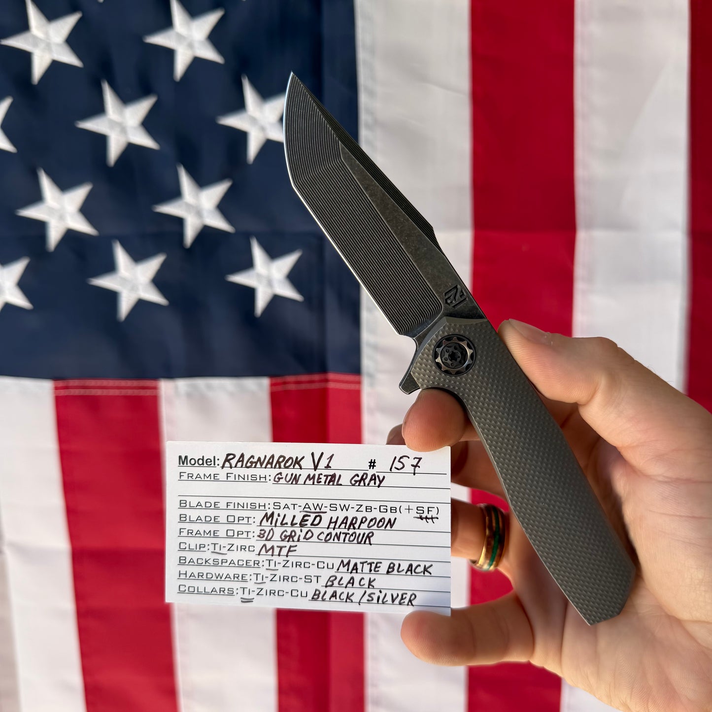 NCC Ragnarok V1 Knife – 3.2” S45VN Harpoon Blade, Gun Metal Gray Titanium, Frame Lock – Made in USA (S/N 157)