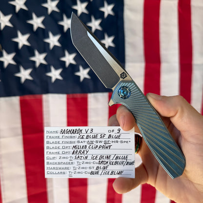 NCC Ragnarok V3 Knife – 3.2” S45VN Clip Point Blade, Ice Blue Titanium, Frame Lock – Made in USA (S/N 009)