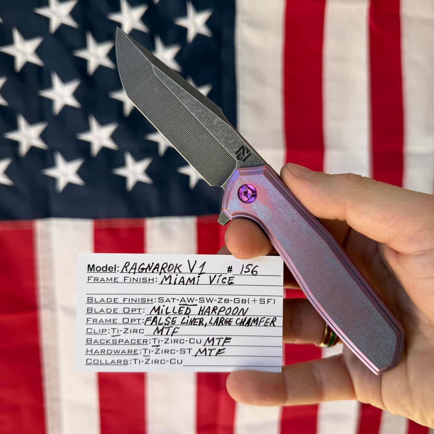 NCC Miami Vice Ragnarok V1 Knife – 3.2” S45VN Harpoon Blade, Titanium Frame Lock – Made in USA (S/N 156)