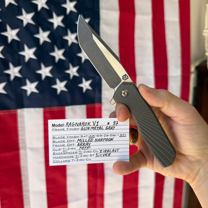 NCC Ragnarok V1 Knife – 3.2” Nitro-V Harpoon Blade, Gun Metal Gray Titanium, Frame Lock – Made in USA (S/N 097)