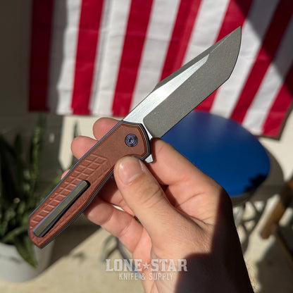 NCC Ragnahawk V1 - Harpoon Tanto, Zirblast Purple and Satin Bronze Frame, Vintage WW2 Linen Micarta, Hawk Lock - Made in USA (S/N 02)