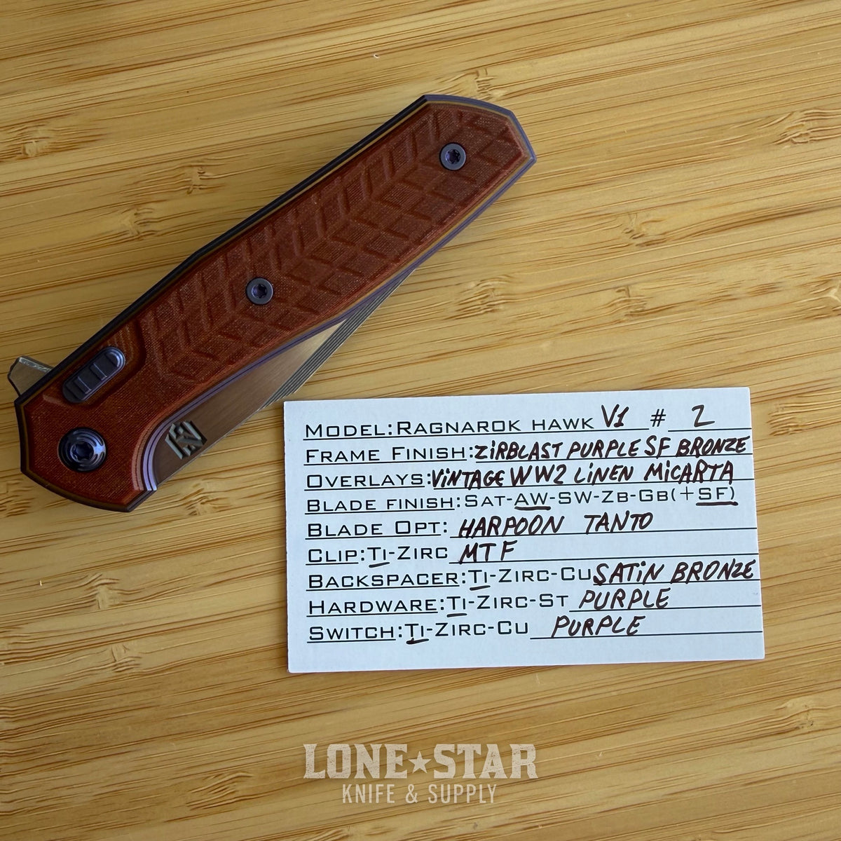 NCC Ragnahawk V1 - Harpoon Tanto, Zirblast Purple and Satin Bronze Frame, Vintage WW2 Linen Micarta, Hawk Lock - Made in USA (S/N 02)