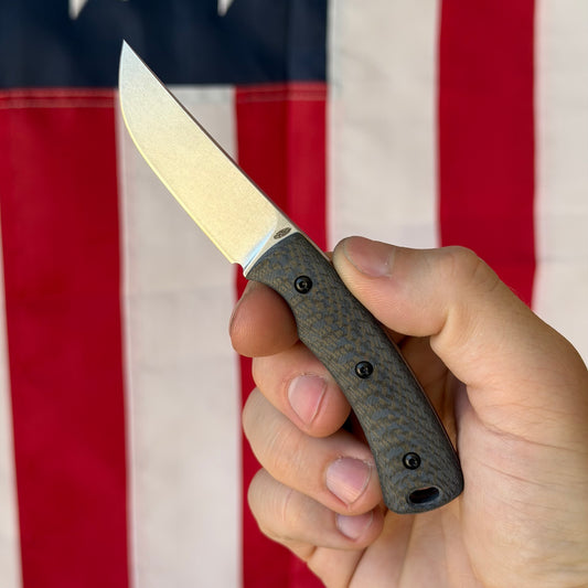 TRM Tagalong Fixed Blade Knife – MagnaCut, Carbon Fiber Scales, Leather Sheath – Made in USA