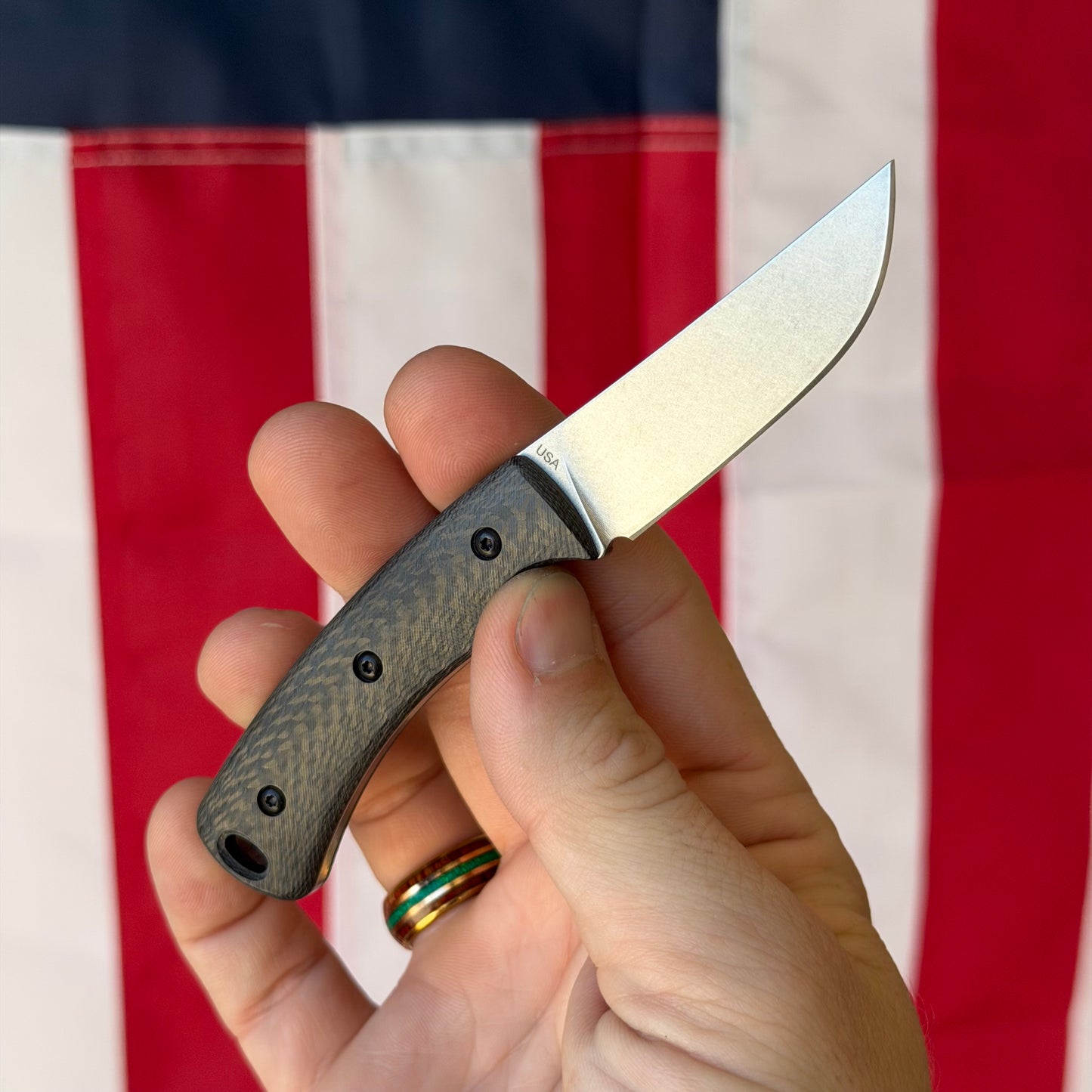 TRM Tagalong Fixed Blade Knife – MagnaCut, Carbon Fiber Scales, Leather Sheath – Made in USA