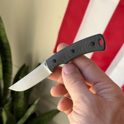 TRM Tagalong Fixed Blade Knife – MagnaCut, Carbon Fiber Scales, Leather Sheath – Made in USA