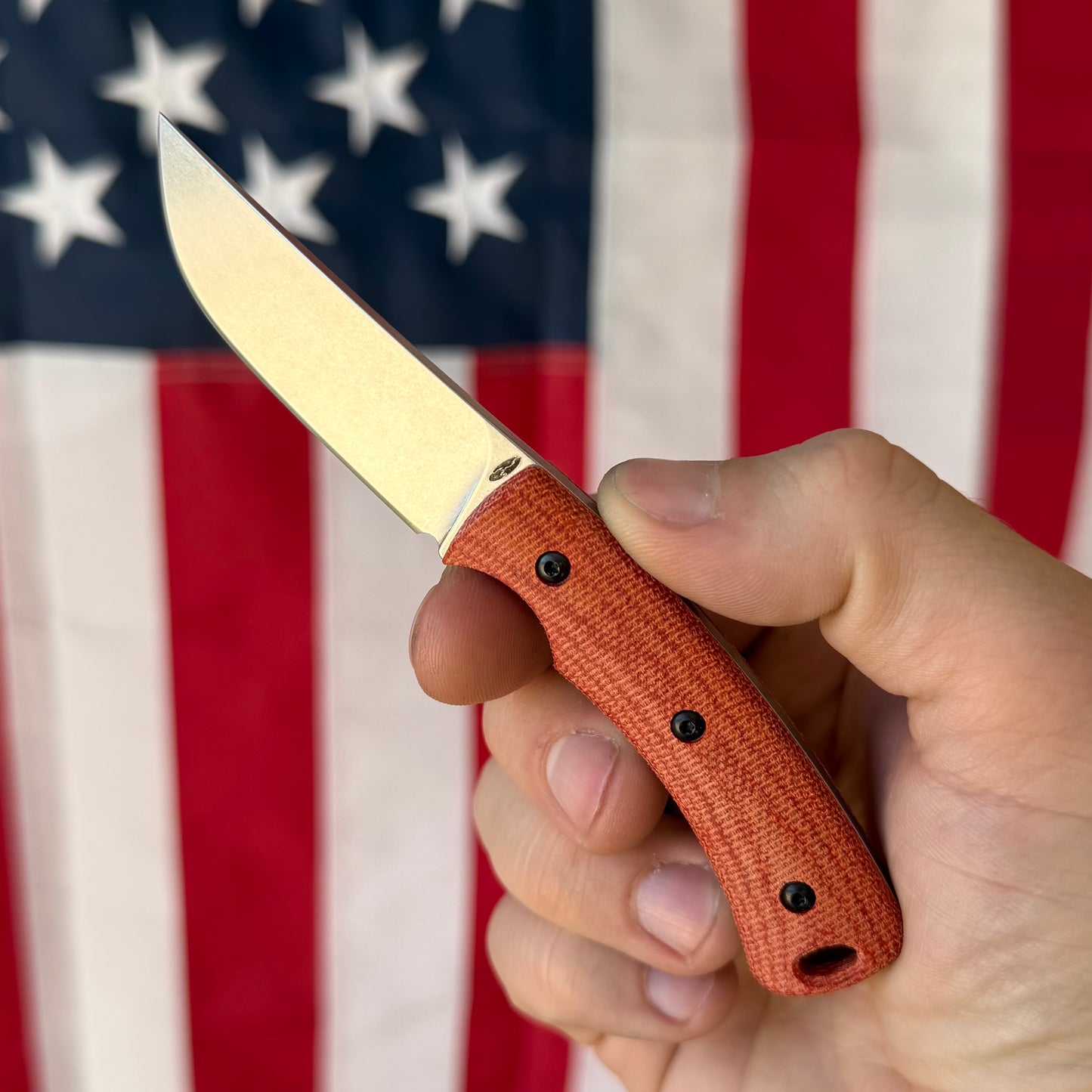 TRM TAGALONG Fixed Blade Knife – 2.44” MagnaCut Blade, Stonewashed Finish, Autumn Orange Micarta Scales, Leather Sheath – Made in USA
