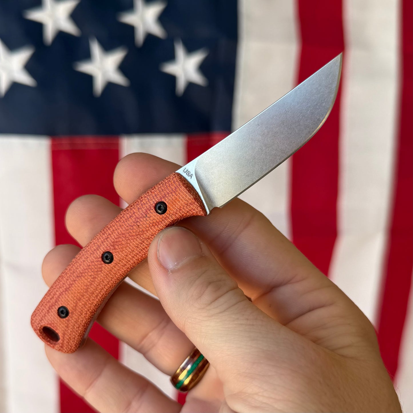 TRM TAGALONG Fixed Blade Knife – 2.44” MagnaCut Blade, Stonewashed Finish, Autumn Orange Micarta Scales, Leather Sheath – Made in USA