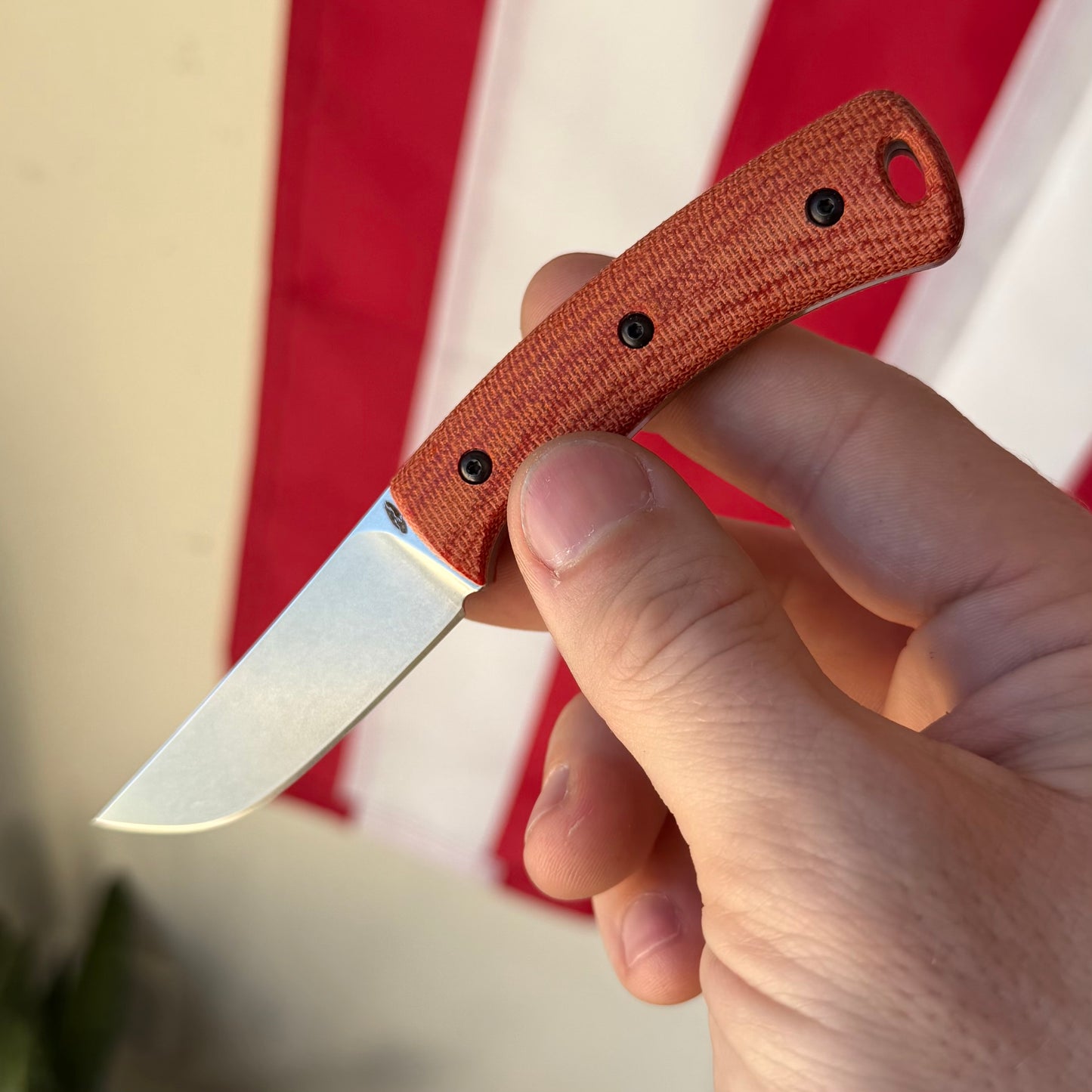 TRM TAGALONG Fixed Blade Knife – 2.44” MagnaCut Blade, Stonewashed Finish, Autumn Orange Micarta Scales, Leather Sheath – Made in USA