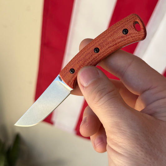 TRM TAGALONG Fixed Blade Knife – 2.44” MagnaCut Blade, Stonewashed Finish, Autumn Orange Micarta Scales, Leather Sheath – Made in USA