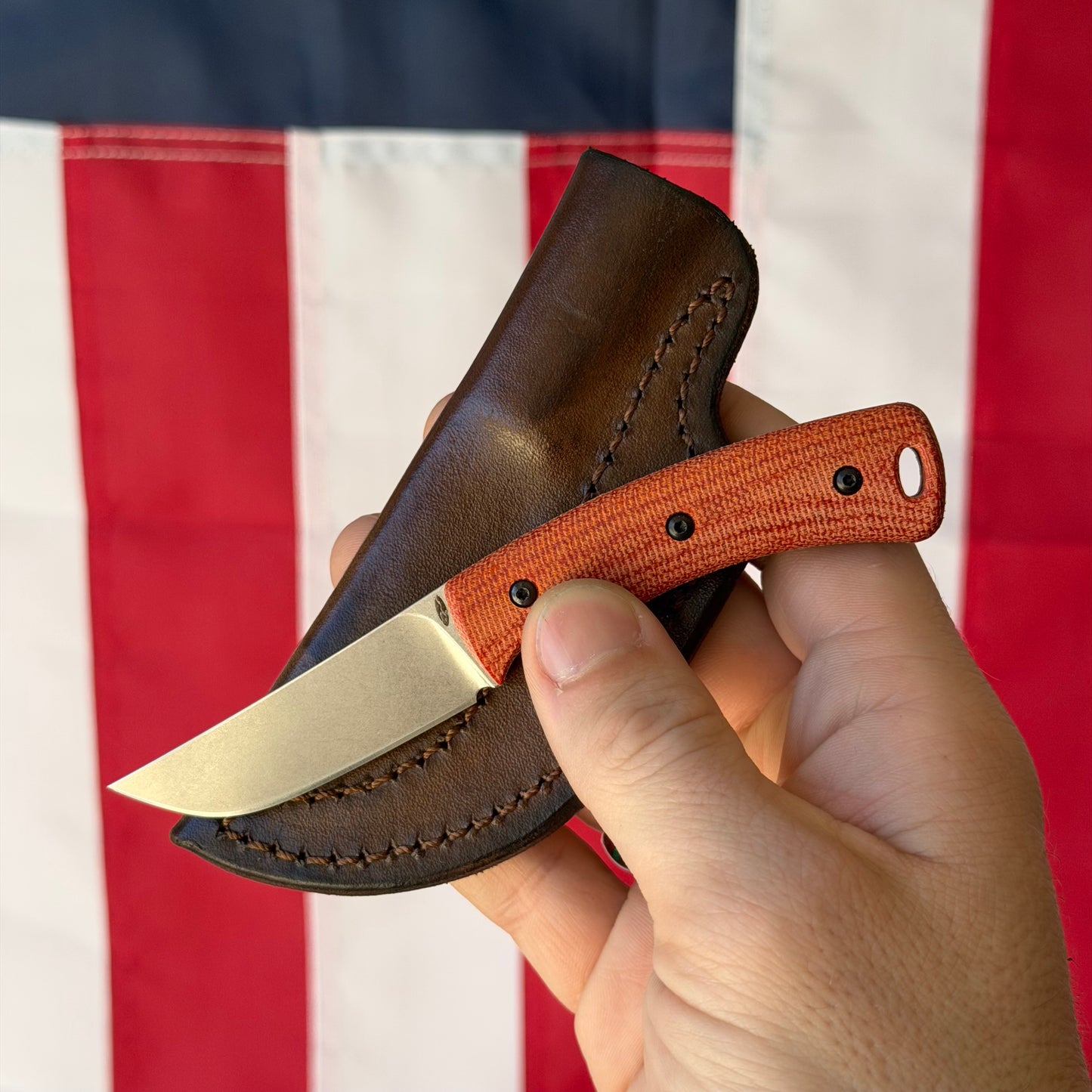 TRM TAGALONG Fixed Blade Knife – 2.44” MagnaCut Blade, Stonewashed Finish, Autumn Orange Micarta Scales, Leather Sheath – Made in USA