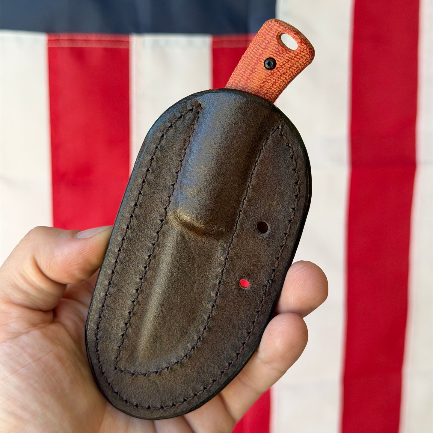 TRM TAGALONG Fixed Blade Knife – 2.44” MagnaCut Blade, Stonewashed Finish, Autumn Orange Micarta Scales, Leather Sheath – Made in USA