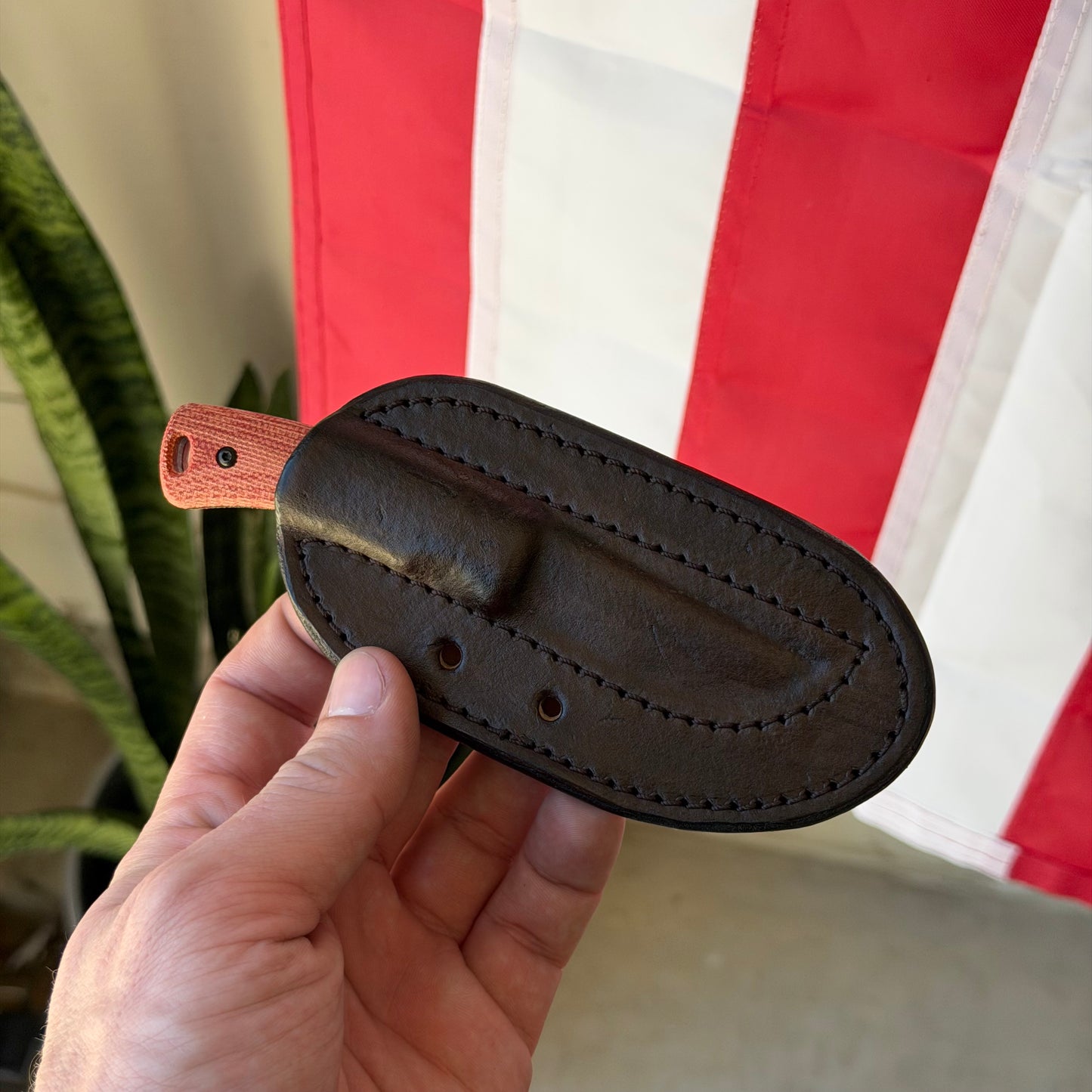 TRM TAGALONG Fixed Blade Knife – 2.44” MagnaCut Blade, Stonewashed Finish, Autumn Orange Micarta Scales, Leather Sheath – Made in USA