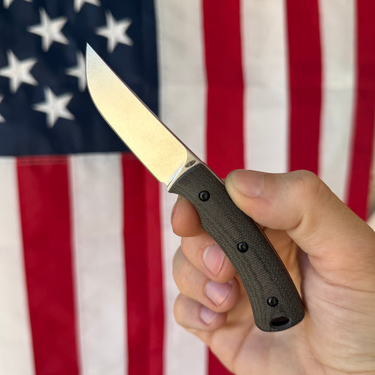 TRM TAGALONG Fixed Blade Knife – 2.44” MagnaCut Blade, Stonewashed Finish, Black Sand Micarta Scales, Leather Sheath – Made in USA