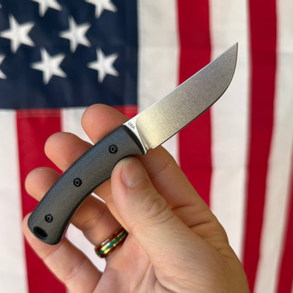 TRM TAGALONG Fixed Blade Knife – 2.44” MagnaCut Blade, Stonewashed Finish, Black Sand Micarta Scales, Leather Sheath – Made in USA