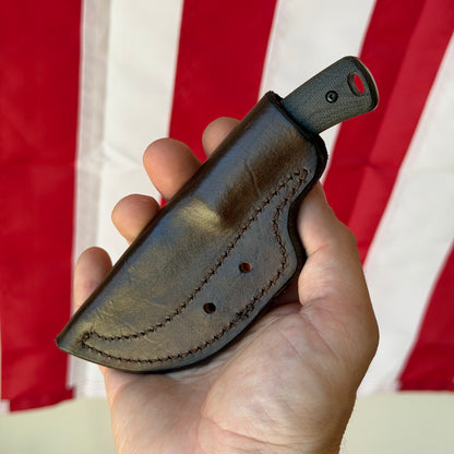 TRM TAGALONG Fixed Blade Knife – 2.44” MagnaCut Blade, Stonewashed Finish, Black Sand Micarta Scales, Leather Sheath – Made in USA