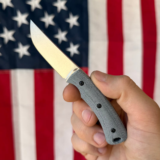 TRM TAGALONG Fixed Blade Knife – 2.44” MagnaCut Blade, Stonewashed Finish, Blue Denim Micarta Scales, Leather Sheath – Made in USA