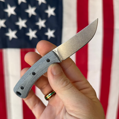 TRM TAGALONG Fixed Blade Knife – 2.44” MagnaCut Blade, Stonewashed Finish, Blue Denim Micarta Scales, Leather Sheath – Made in USA