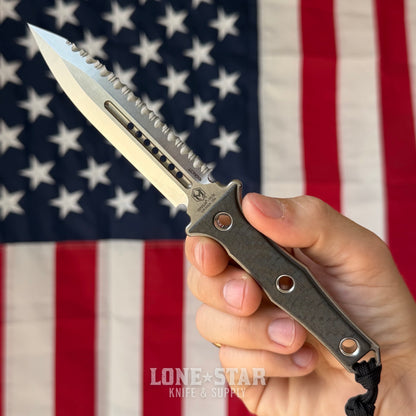 Heretic Mini Nephilim 4" MagnaCut Dagger, Stonewash Fully Serrated, Carbon Fiber Scales, JRE Leather Sheath - Made in USA (H069-2C-CF)