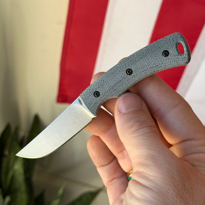 TRM TAGALONG Fixed Blade Knife – 2.44” MagnaCut Blade, Stonewashed Finish, Blue Denim Micarta Scales, Leather Sheath – Made in USA
