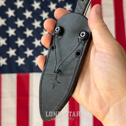 Heretic Mini Nephilim 4" MagnaCut Dagger, Stonewash Fully Serrated, Carbon Fiber Scales, JRE Leather Sheath - Made in USA (H069-2C-CF)