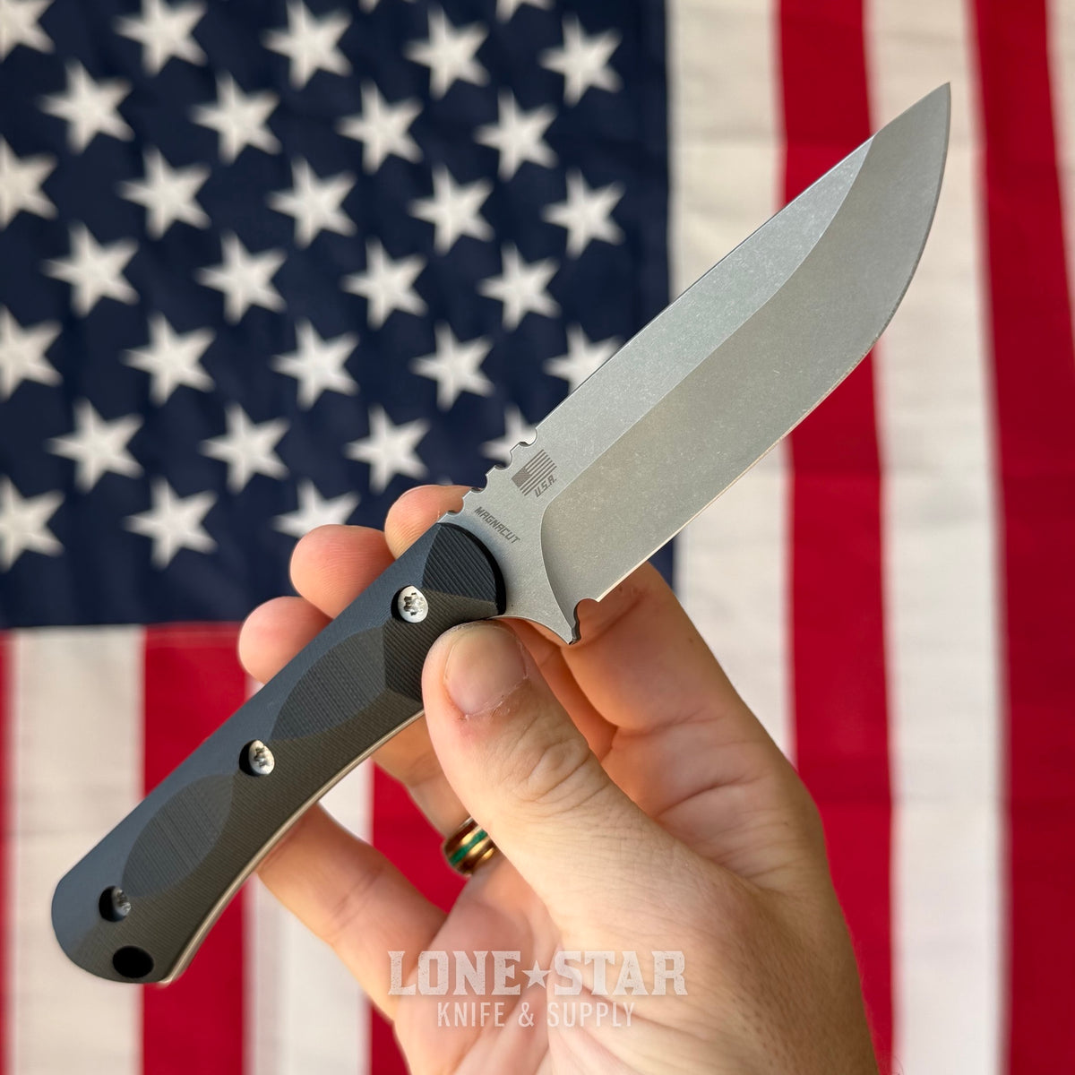 McNees Ridge Runner Fixed Blade - 3.7" MagnaCut Atomic Stonewash, Black G10, Kydex with Tek-Lok - Made in USA (2446)