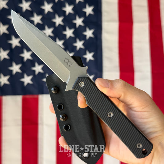 McNees Stalker Fixed Blade - 4" CPM S90V Modified Clip Point, Stonewash, Black G10, Kydex with Tek-Lok - Made in USA (2598)
