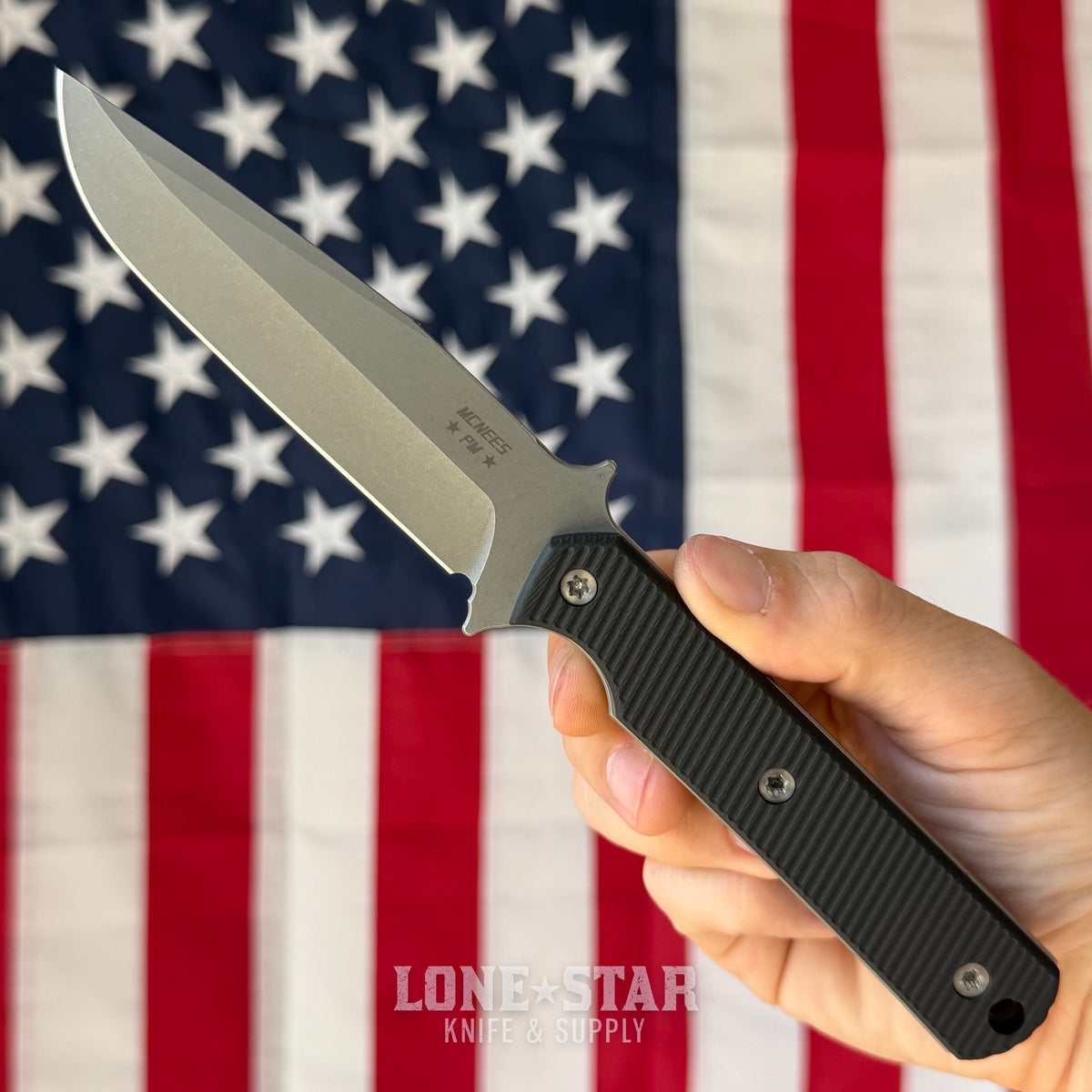 McNees Stalker Fixed Blade - 4" CPM S90V Modified Clip Point, Stonewash, Black G10, Kydex with Tek-Lok - Made in USA (2598)