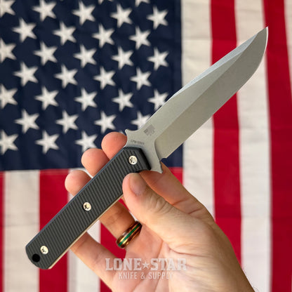 McNees Stalker Fixed Blade - 4" CPM S90V Modified Clip Point, Stonewash, Black G10, Kydex with Tek-Lok - Made in USA (2598)