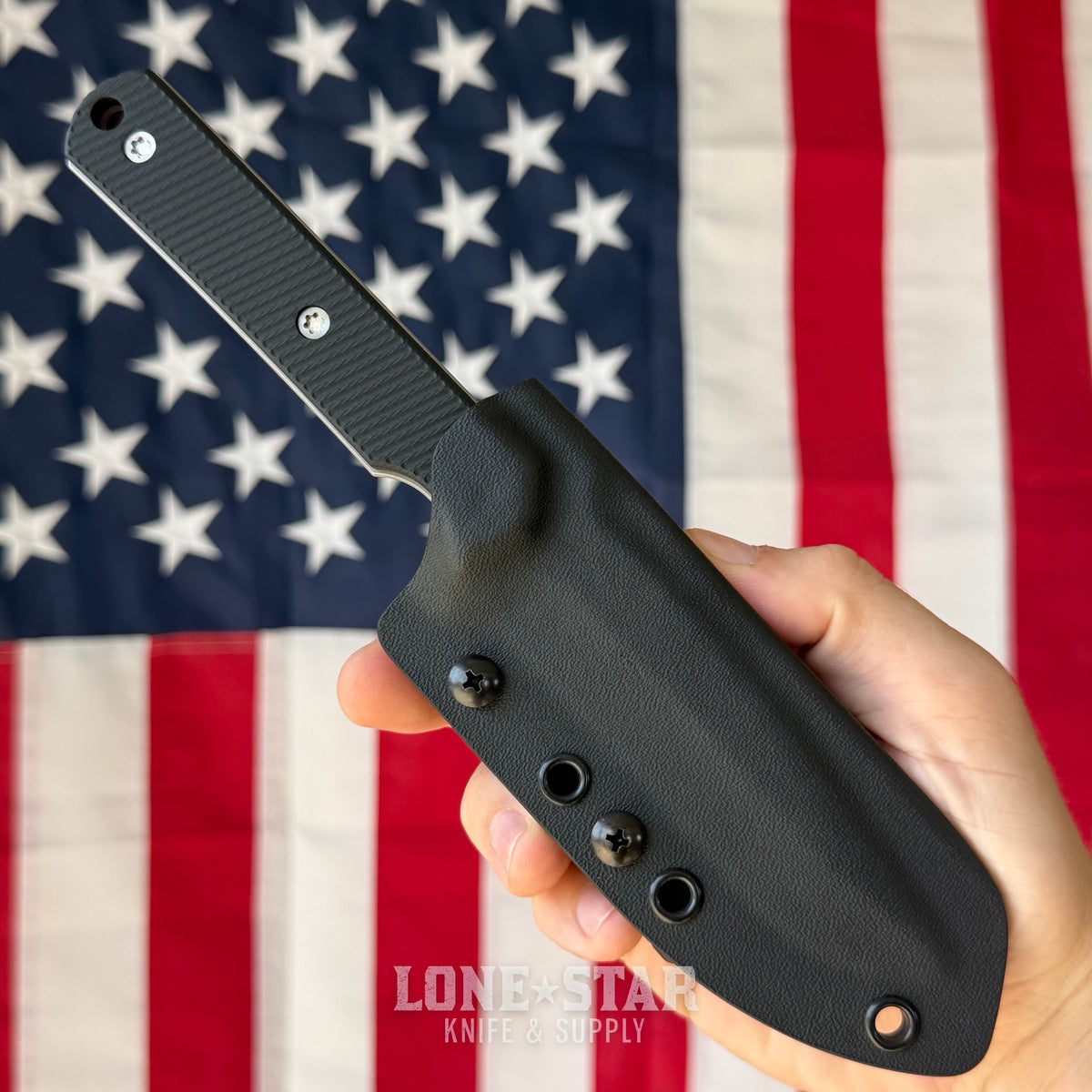 McNees Stalker Fixed Blade - 4" CPM S90V Modified Clip Point, Stonewash, Black G10, Kydex with Tek-Lok - Made in USA (2598)
