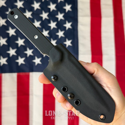McNees Stalker Fixed Blade - 4" CPM S90V Modified Clip Point, Stonewash, Black G10, Kydex with Tek-Lok - Made in USA (2598)