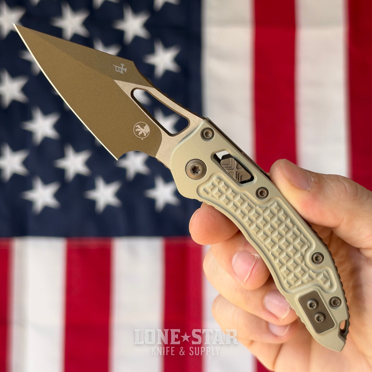 The Back Door: Microtech M-Stitch Ram-Lok - 3" Champagne, Manual Folder - Made in USA (Used)