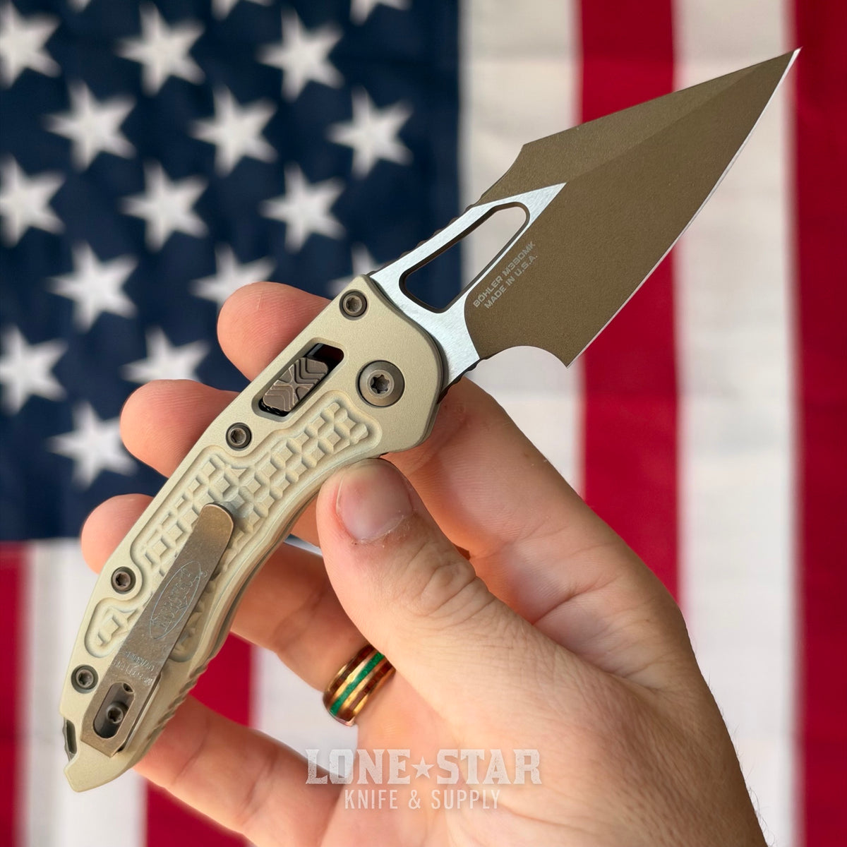 The Back Door: Microtech M-Stitch Ram-Lok - 3" Champagne, Manual Folder - Made in USA (Used)