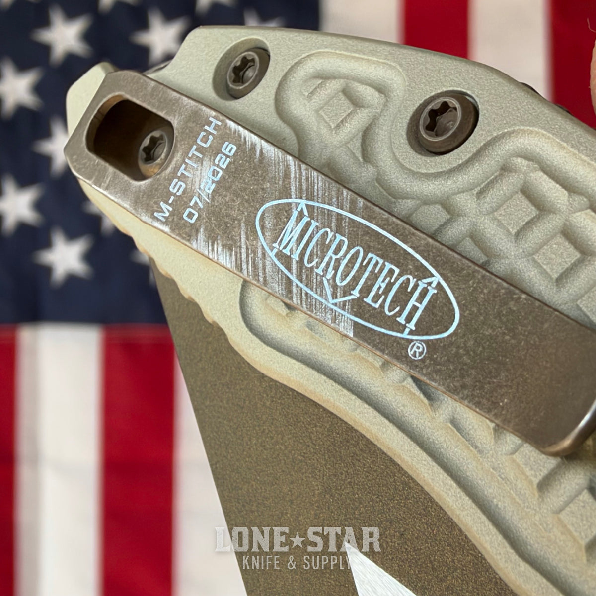 The Back Door: Microtech M-Stitch Ram-Lok - 3" Champagne, Manual Folder - Made in USA (Used)