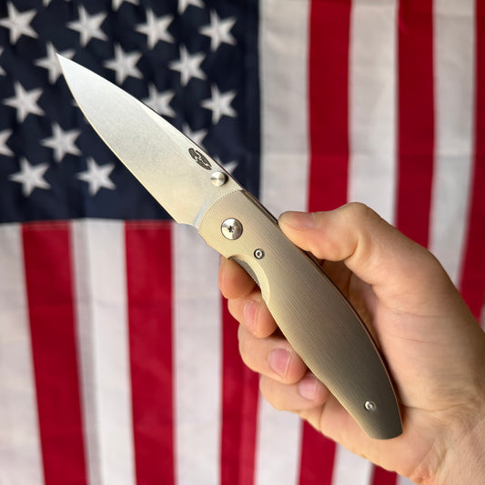 TRM ATOM Knife – 3.5” MagnaCut Blade, 3D Contoured Titanium Pinstripe Scales, Liner Lock – Made in USA