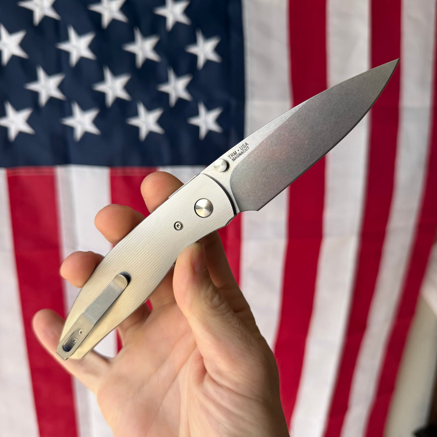 TRM ATOM Knife – 3.5” MagnaCut Blade, 3D Contoured Titanium Pinstripe Scales, Liner Lock – Made in USA