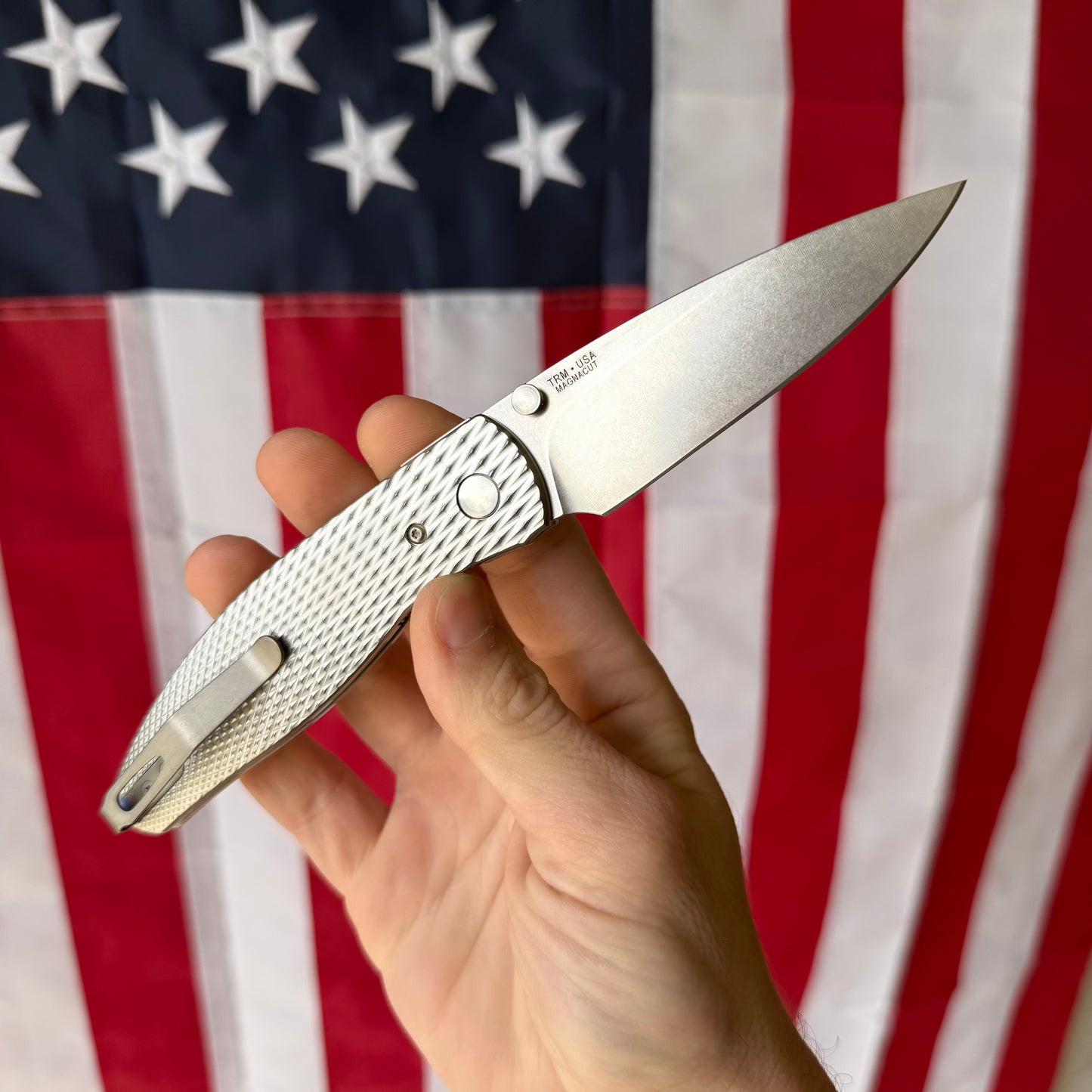 TRM ATOM Knife – 3.5” MagnaCut Blade, 3D Contoured Titanium Lizard Skin Scales, Liner Lock – Made in USA