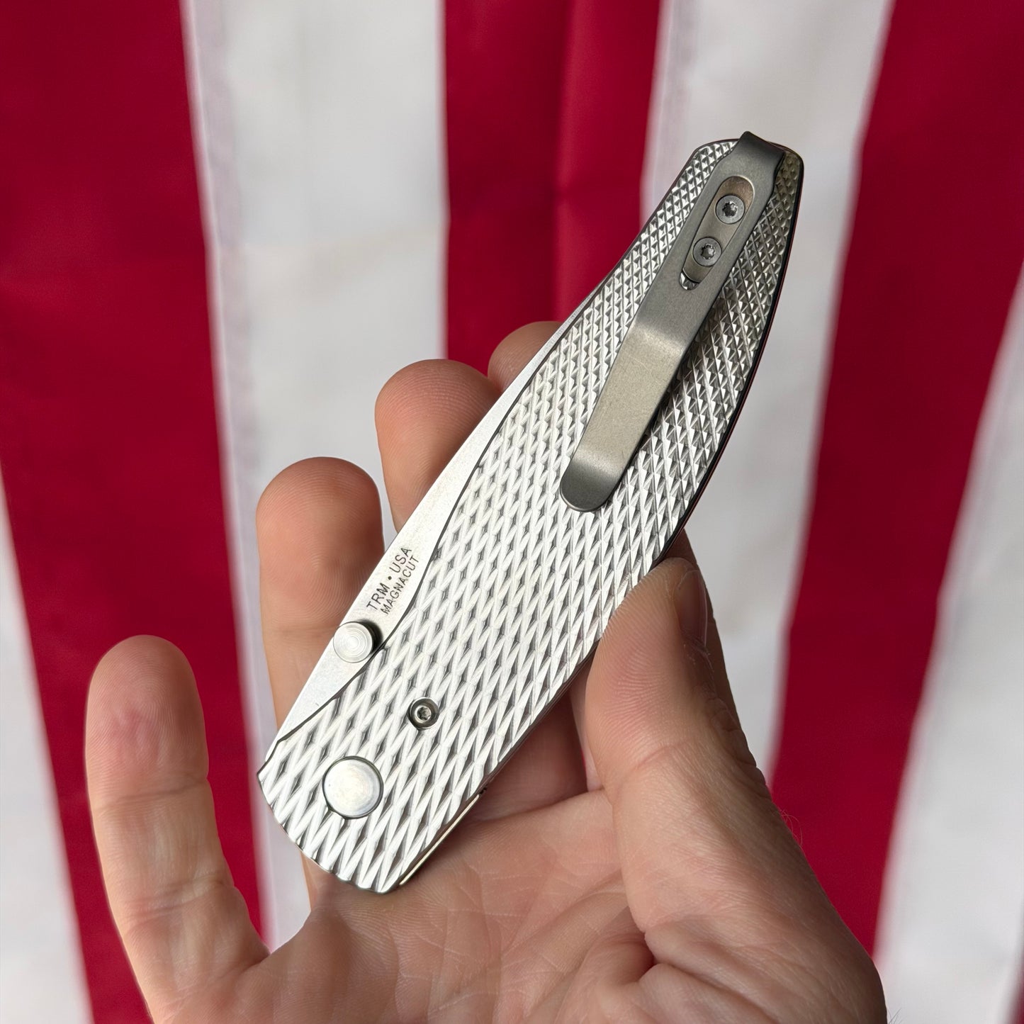 TRM ATOM Knife – 3.5” MagnaCut Blade, 3D Contoured Titanium Lizard Skin Scales, Liner Lock – Made in USA