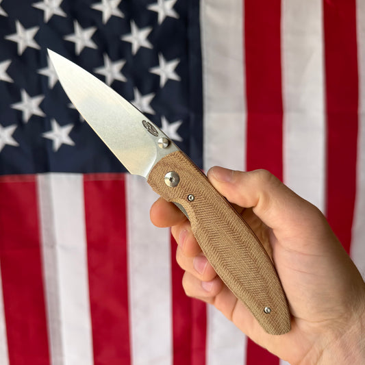 TRM ATOM Knife – 3.5” MagnaCut Blade, 3D Contoured Natural Micarta Smooth Scales, Liner Lock – Made in USA
