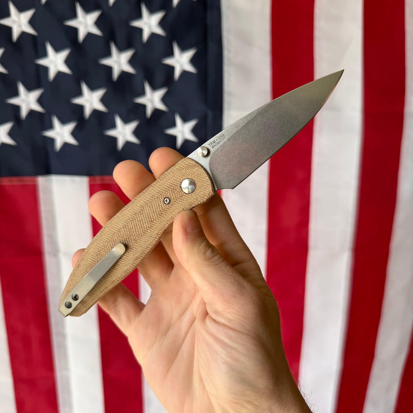 TRM ATOM Knife – 3.5” MagnaCut Blade, 3D Contoured Natural Micarta Smooth Scales, Liner Lock – Made in USA