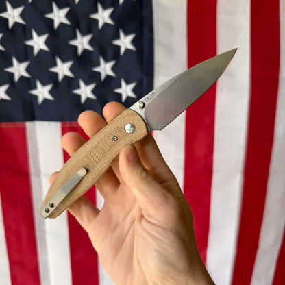 TRM ATOM Knife – 3.5” MagnaCut Blade, 3D Contoured Natural Micarta Smooth Scales, Liner Lock – Made in USA