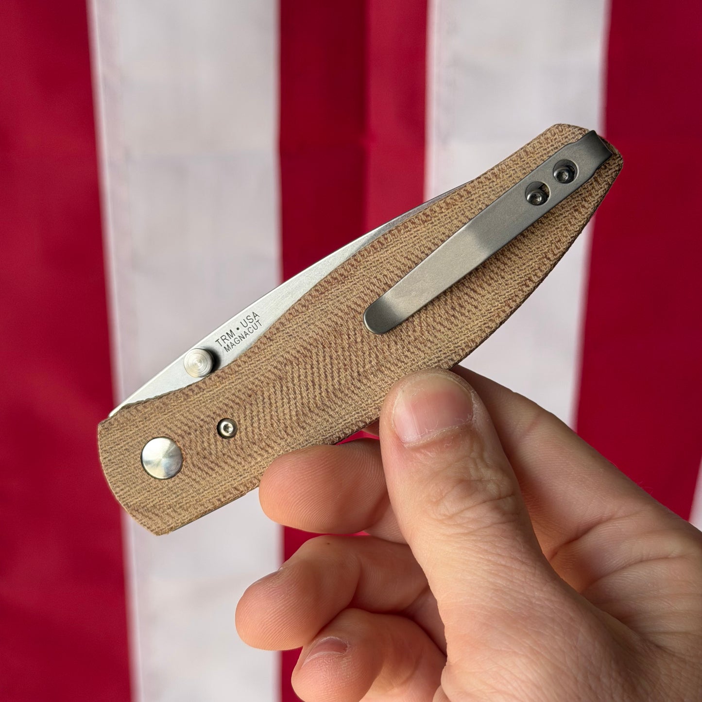 TRM ATOM Knife – 3.5” MagnaCut Blade, 3D Contoured Natural Micarta Smooth Scales, Liner Lock – Made in USA