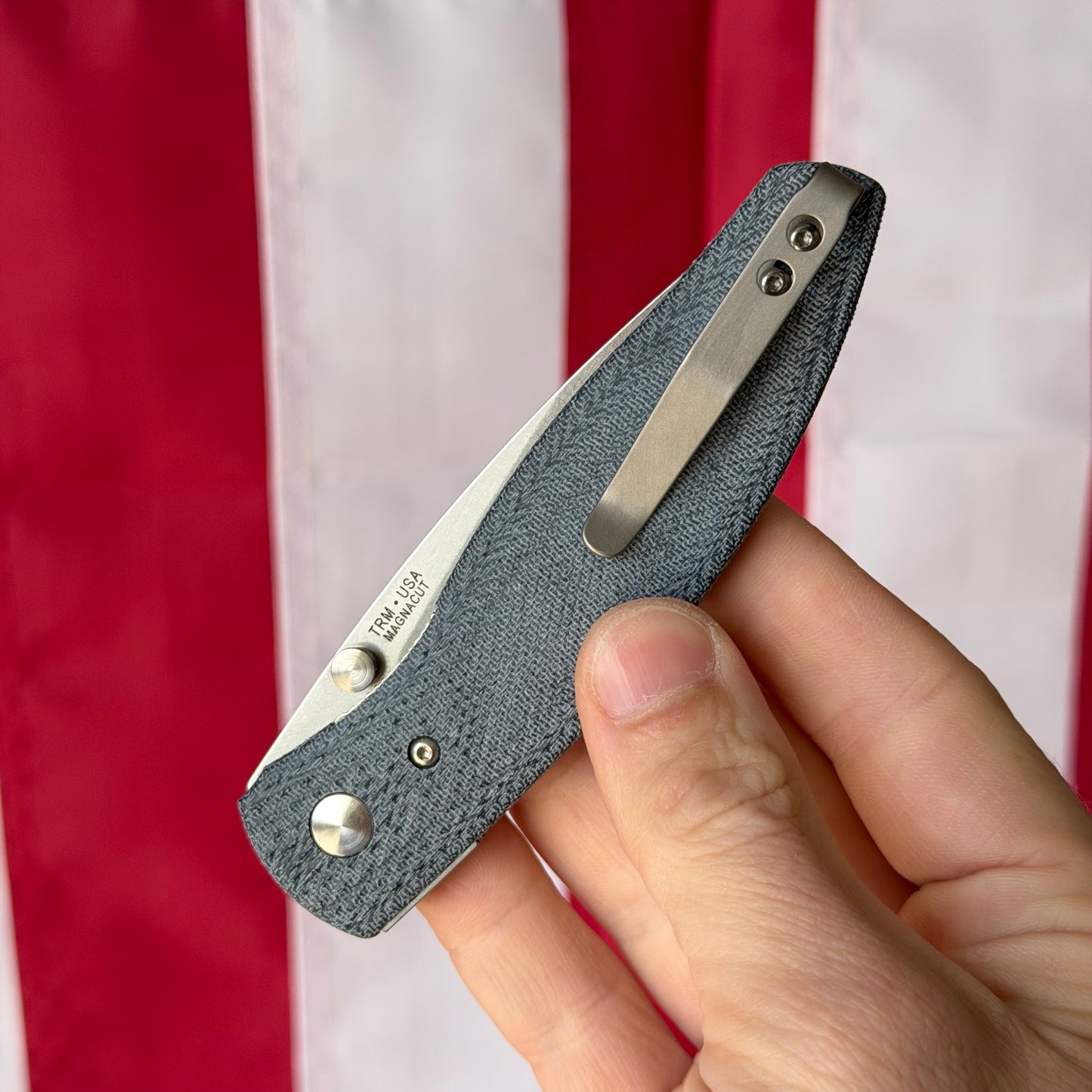 TRM ATOM Knife – 3.5” MagnaCut Blade, 3D Contoured Blue Denim Micarta Lizard Skin Scales, Liner Lock – Made in USA