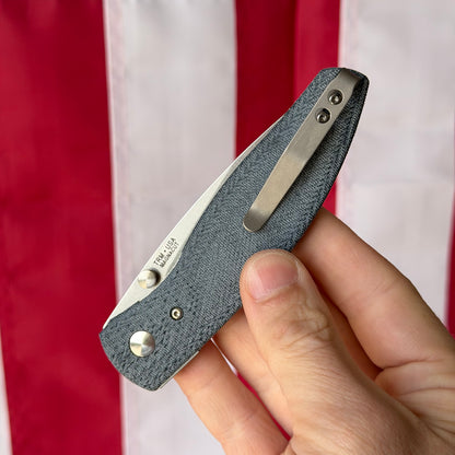 TRM ATOM Knife – 3.5” MagnaCut Blade, 3D Contoured Blue Denim Micarta Lizard Skin Scales, Liner Lock – Made in USA