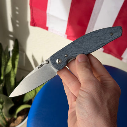 TRM ATOM Knife – 3.5” MagnaCut Blade, 3D Contoured Blue Denim Micarta Lizard Skin Scales, Liner Lock – Made in USA
