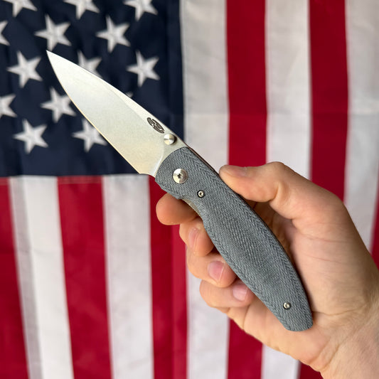 TRM ATOM Knife – 3.5” MagnaCut Blade, 3D Contoured Blue Denim Micarta Smooth Scales, Liner Lock – Made in USA