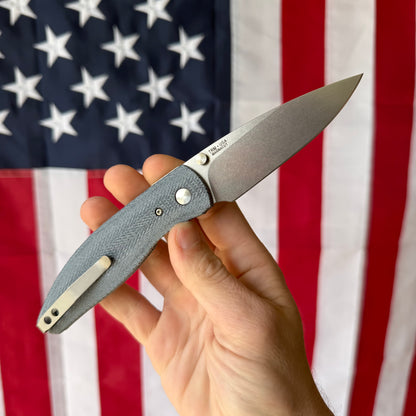 TRM ATOM Knife – 3.5” MagnaCut Blade, 3D Contoured Blue Denim Micarta Smooth Scales, Liner Lock – Made in USA