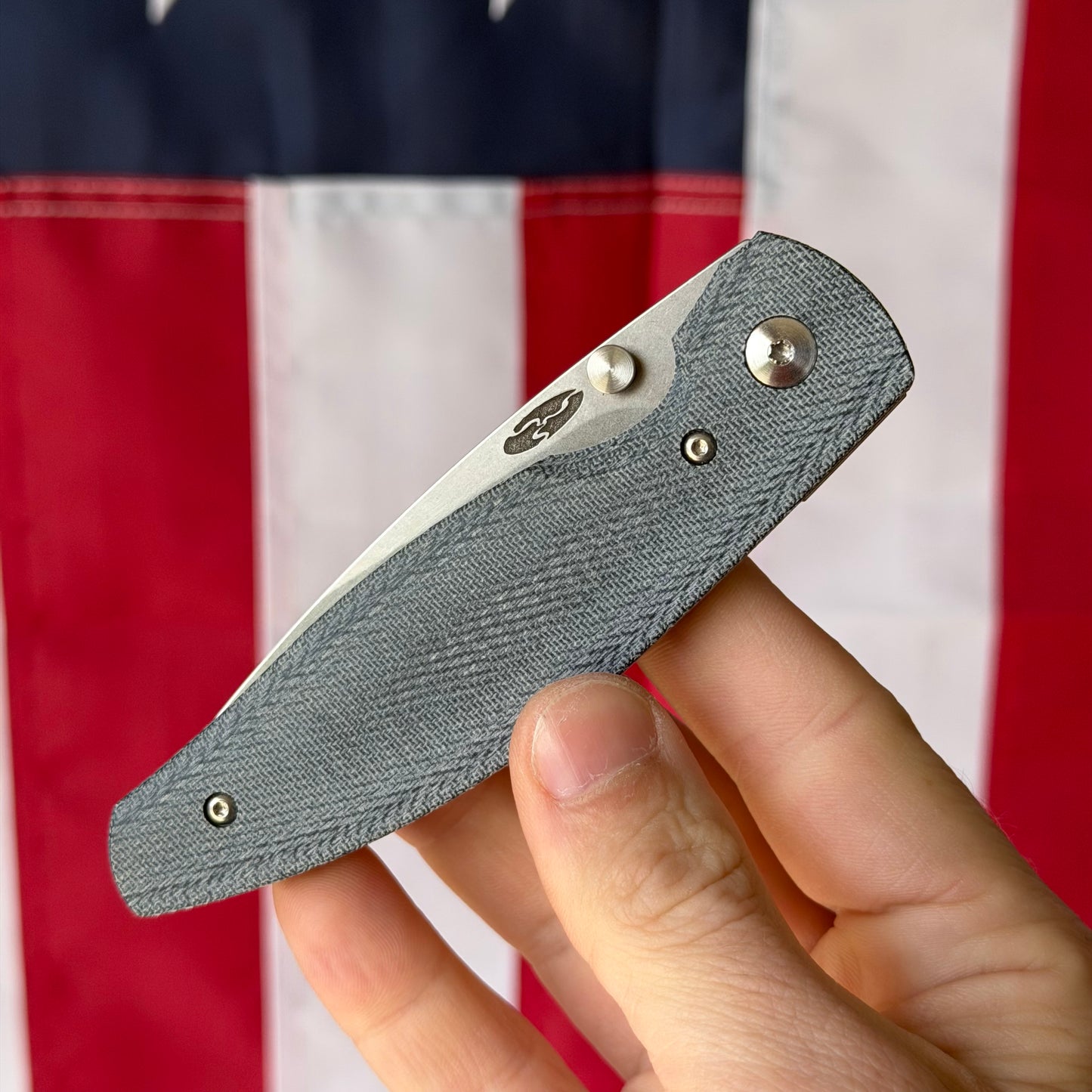 TRM ATOM Knife – 3.5” MagnaCut Blade, 3D Contoured Blue Denim Micarta Smooth Scales, Liner Lock – Made in USA